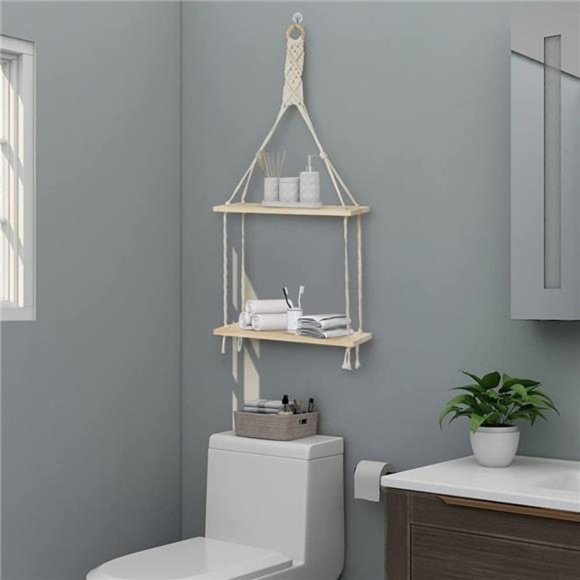 Macrame Hanging Shelves Wall Floating Shelf Natural Wood Chic Boho Decor 2 Tiers - Picture 4 of 6